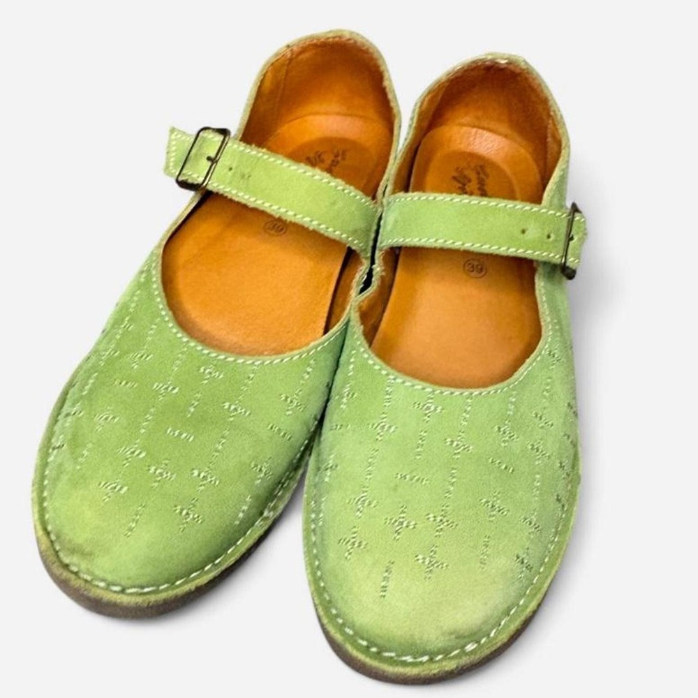 Gudrun Sjöden Green Leather Mary Jane Shoes EU 39 Embroidered LagenLook Boho